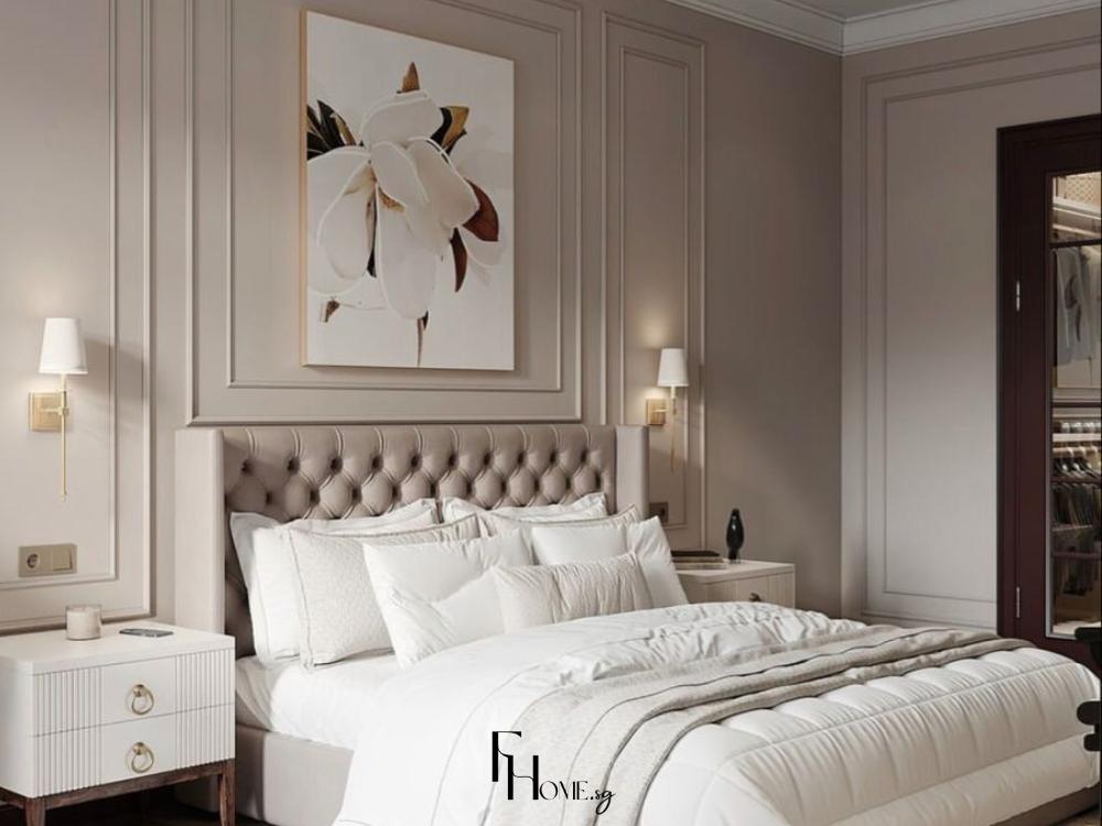 Phòng ngủ Tân Cổ Điển với màu sắc trắng, kem xám, mang đến không gian thanh thoát, trang nhã.