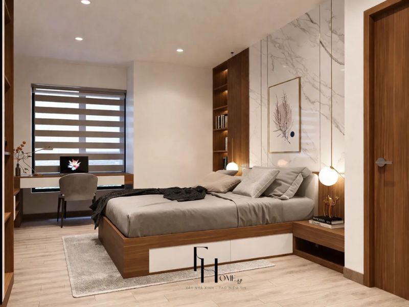 Phòng ngủ thứ 2 chung cư 100m2 2 phòng ngủ giường platform gỗ walnut ngăn kéo trắng tường marble lam gỗ LED bàn làm việc cửa sổ