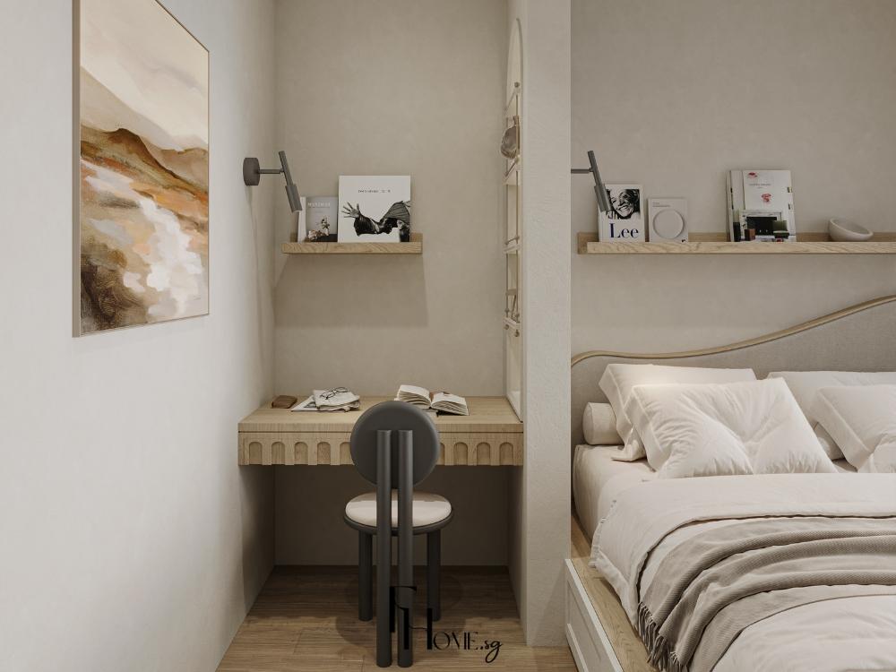 Phòng ngủ tối giản phong cách Wabi Sabi, tông màu be và xám nhạt, nội thất gỗ thẳng gọn