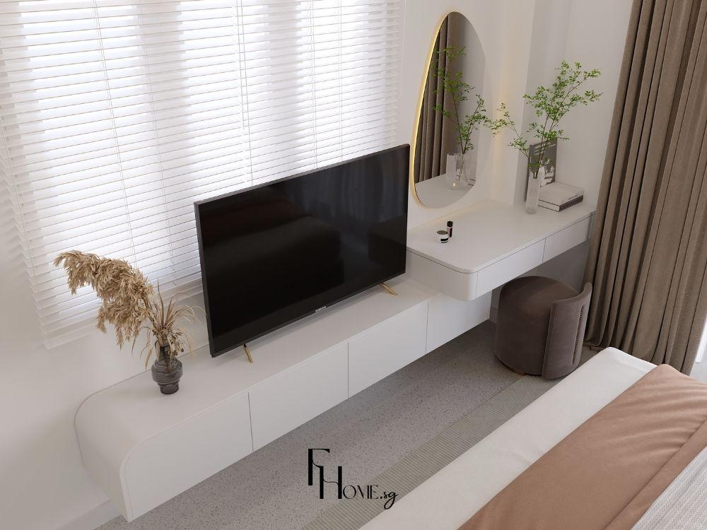 Phòng ngủ tông be sáng với ánh sáng tự nhiên chan hòa từ cửa sổ lớn