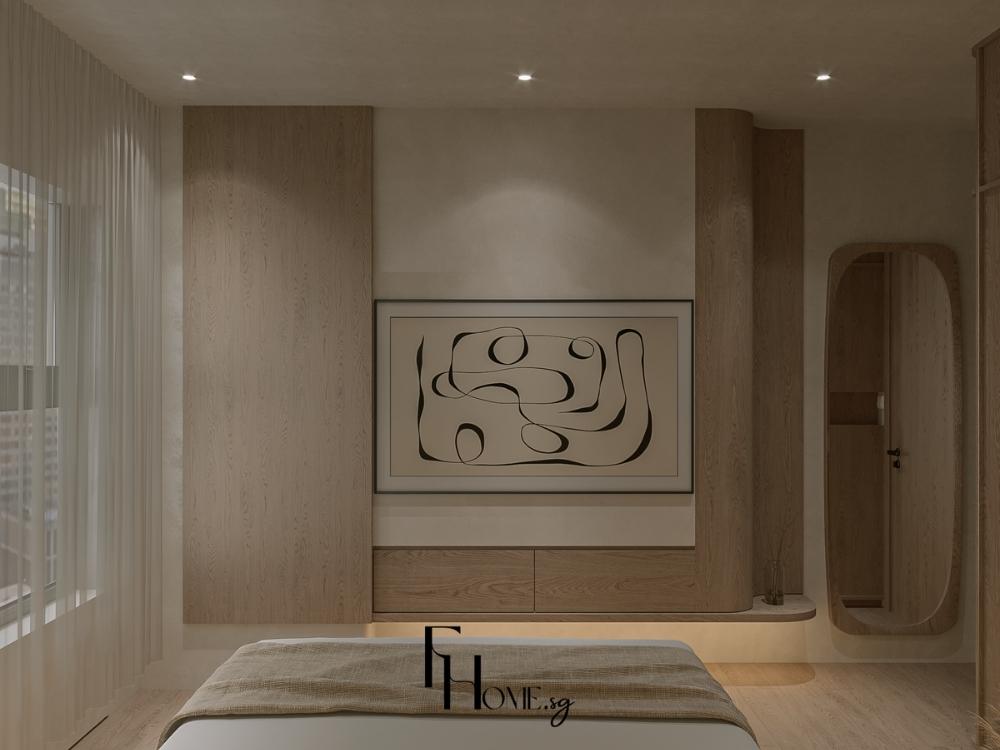 Phòng ngủ tông gỗ trầm ấm, nổi bật với đèn trần nghệ thuật và decor thủ công tinh tế