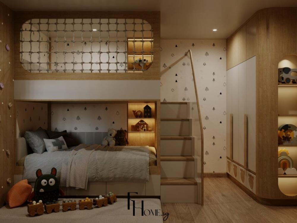 Phòng ngủ trẻ em trong căn hộ chung cư 65m² được thiết kế diện tích 8–12m², sử dụng màu sắc tươi sáng vàng nhạt tạo cảm giác vui tươi, năng động