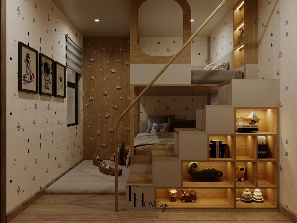 Phòng ngủ trẻ em tươi sáng với giường có lan can an toàn, đèn ngủ dịu nhẹ và gam màu vui tươi