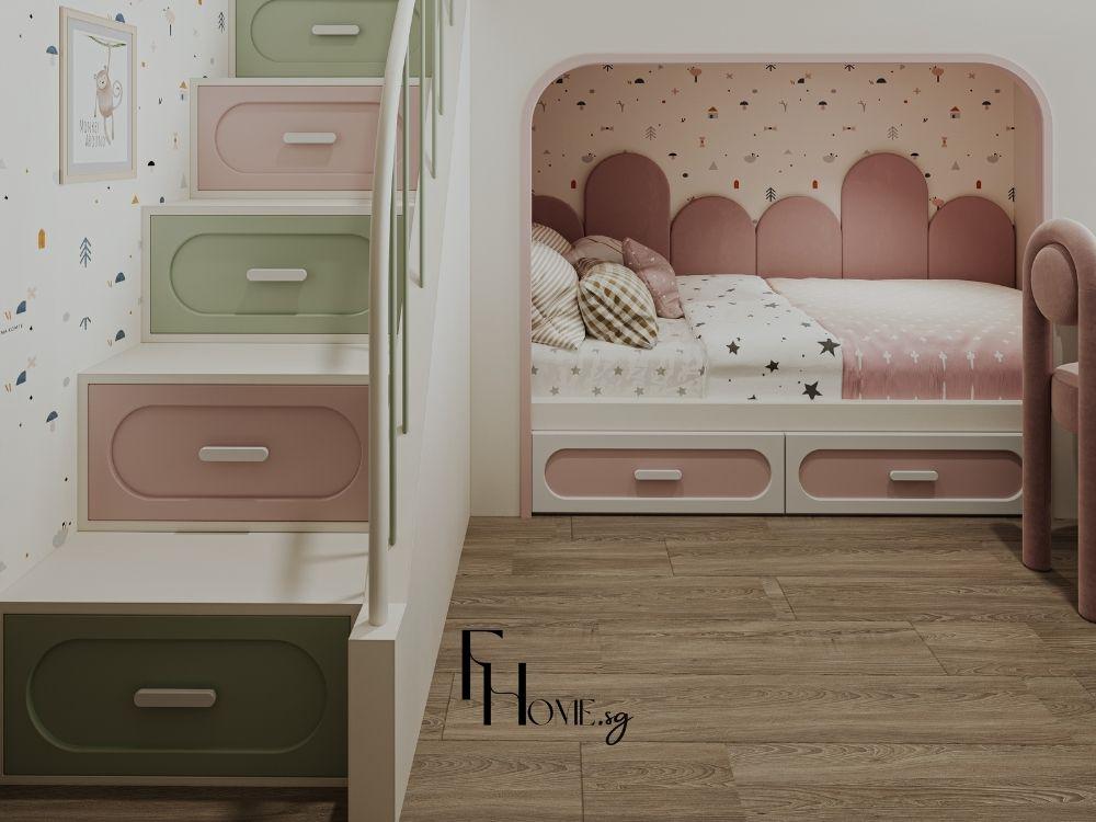 Phòng ngủ trẻ em với giường hộc kéo kết hợp tủ quần áo đồng bộ, tạo nên không gian ngăn nắp và tinh tế