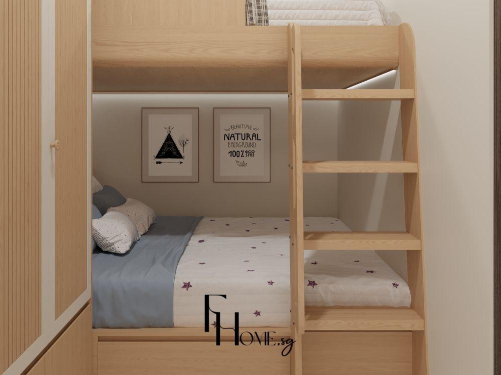 Phòng ngủ trẻ em với giường tầng thông minh, màu sắc tươi sáng