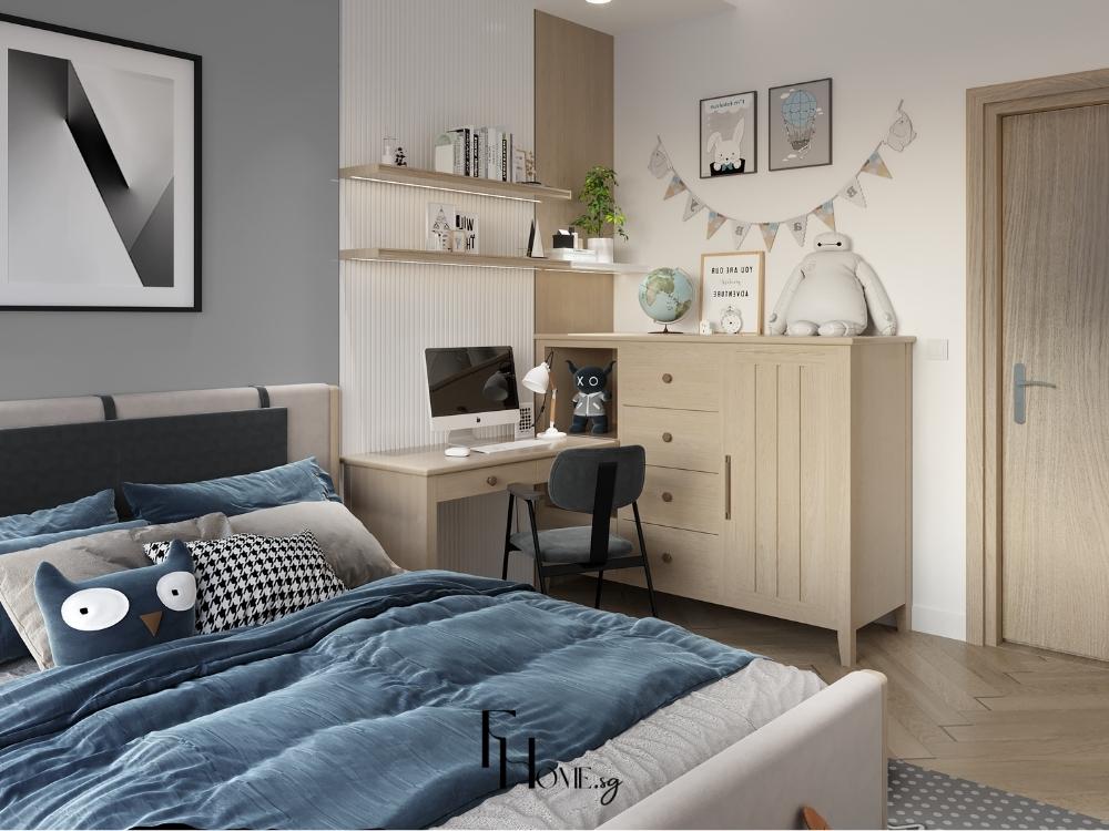 Phòng ngủ trẻ em với nội thất an toàn kết hợp phòng học nhỏ trong phòng