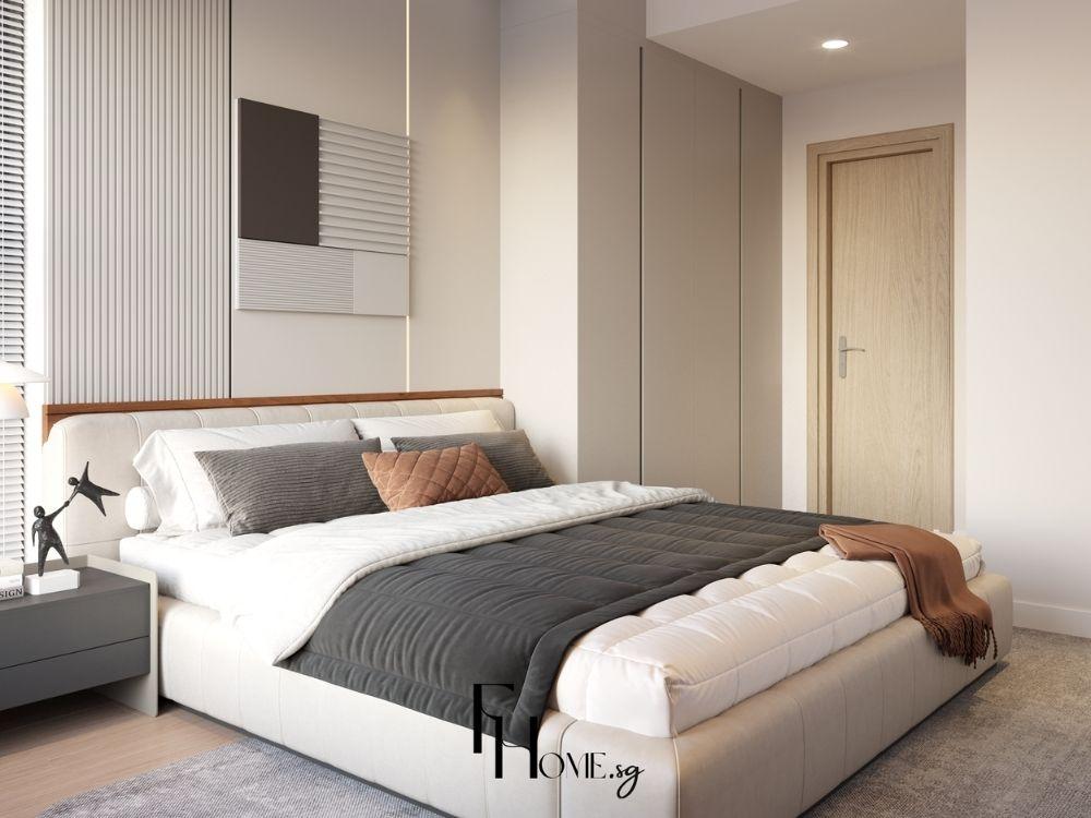 Phòng ngủ vợ chồng phong cách Wabi Sabi với tông màu tự nhiên, chất liệu gỗ ấm áp và không gian hài hòa, tĩnh lặng