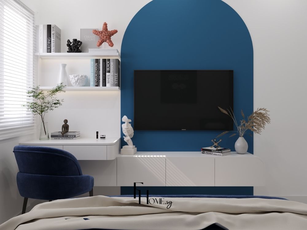 Phòng ngủ với TV âm tường kết hợp bàn làm việc kích thước nhỏ tối ưu