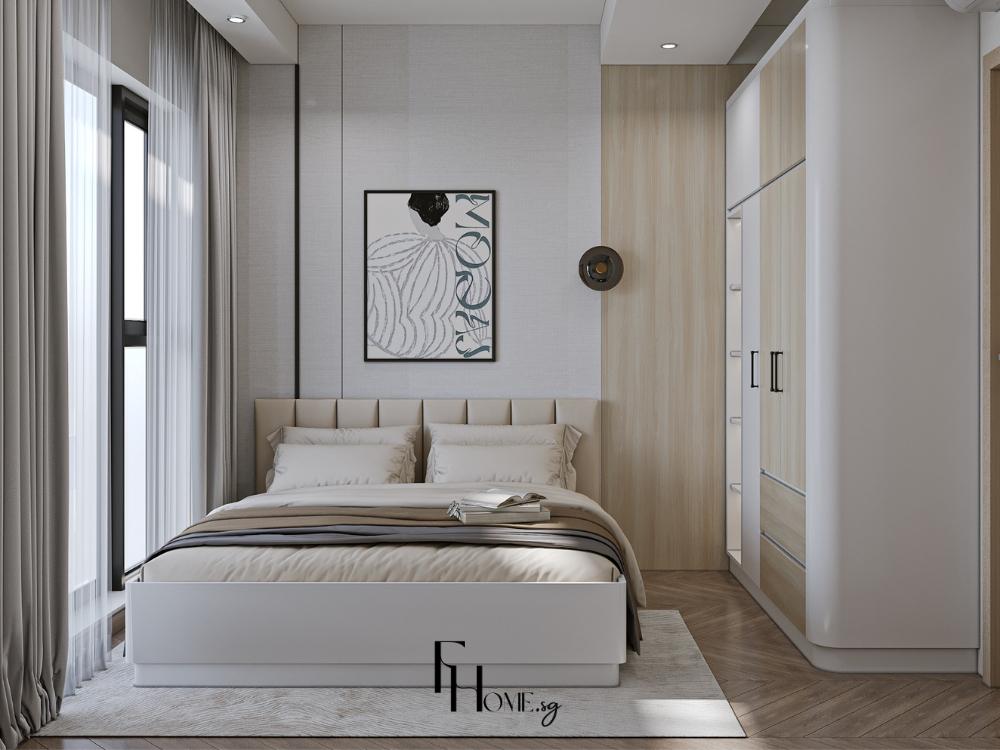 Phòng ngủ với ánh sáng dịu nhẹ và bảng màu ấm, mang đến không gian thư giãn, hài hòa giữa ánh sáng tự nhiên và nhân tạo