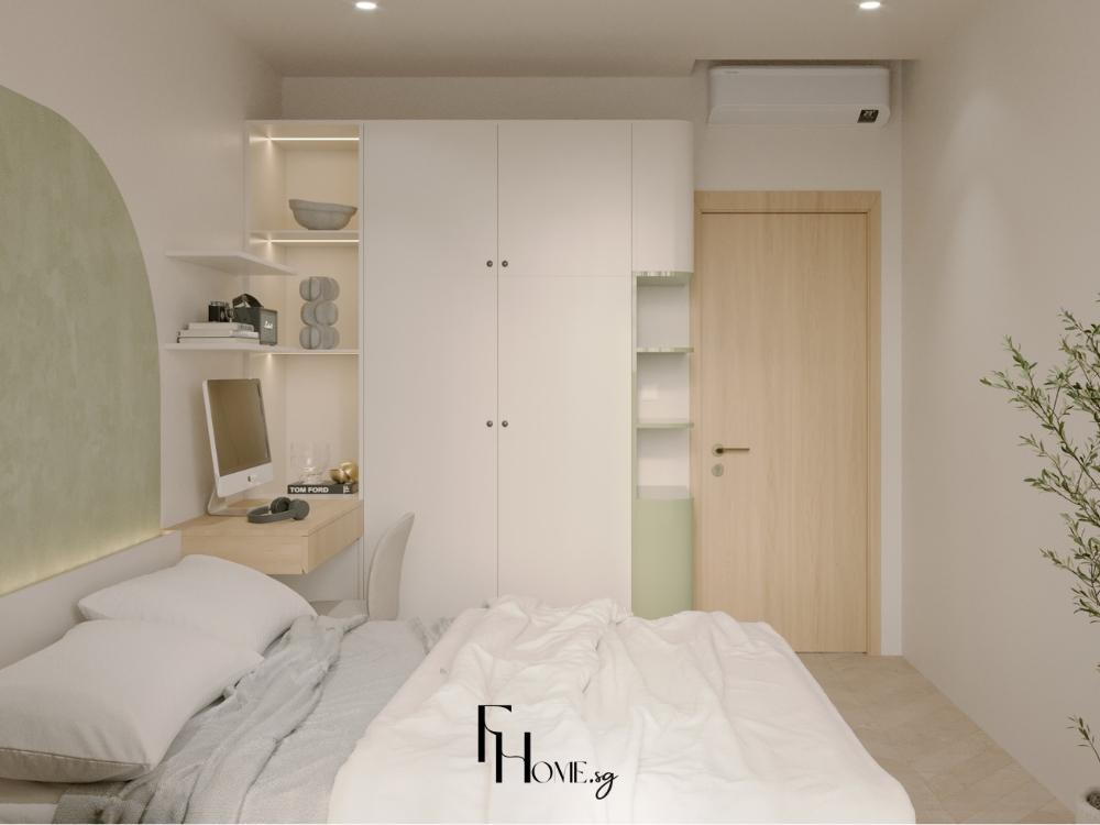 Phòng ngủ với tông màu sáng, nội thất tối giản và ánh sáng tự nhiên, mang đến cảm giác bình yên và gần gũi