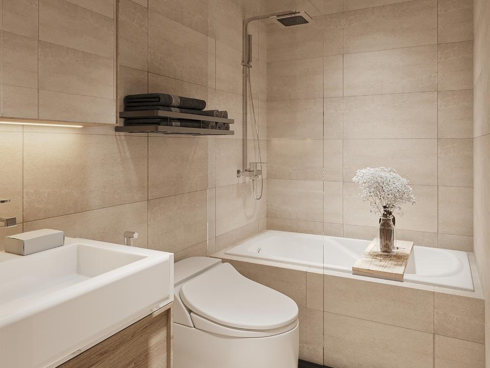 Phòng tắm Wabi Sabi với đá tự nhiên và lababo treo tường