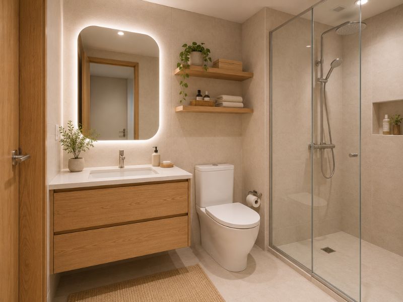 Phòng tắm chung cư 50m2 phong cách Nhật Bản với gỗ sáng và vách kính tách khu tắm