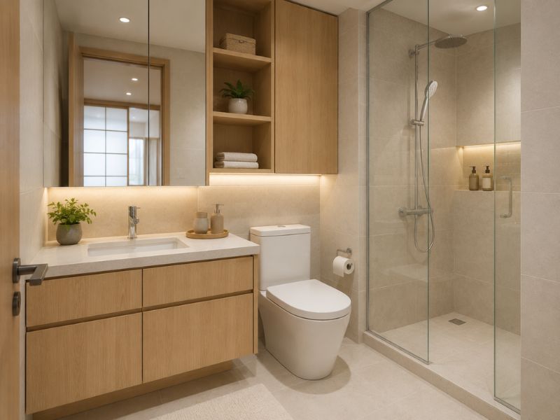 Phòng tắm chung cư 60m2 phong cách Nhật Bản với vách kính và tủ gỗ sáng