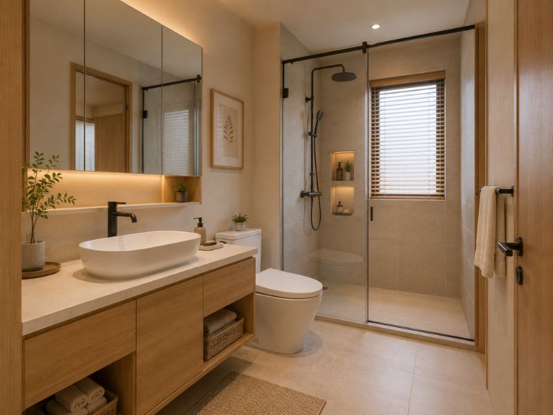 Phòng tắm chung cư 70m2 phong cách Nhật Bản với vách kính và tủ gỗ sáng