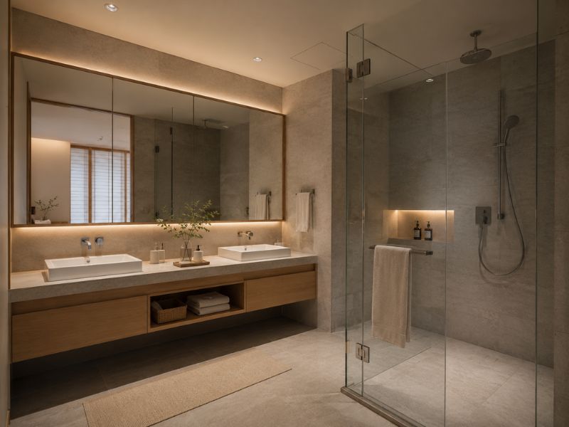 Phòng tắm chung cư 80m2 phong cách Nhật Bản với lavabo đôi và khu tắm kính rộng