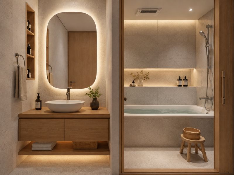 Nội thất chung cư phong cách Nhật Bản trong phòng tắm dùng lavabo gỗ, gương bo góc và bồn tắm nhỏ để tạo không gian thư giãn