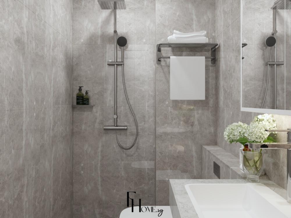 Phòng tắm hiện đại kết hợp đá vân xám tạo nên không gian riêng tư tinh tế và thư giãn