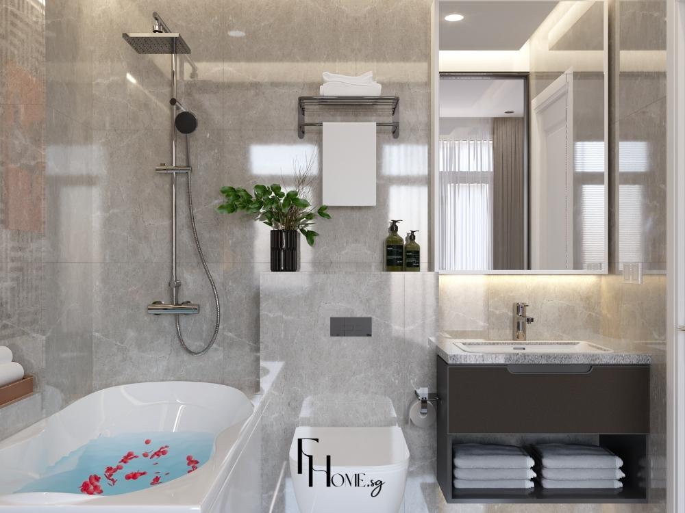 Phòng tắm nhà phố 4 tầng, tủ gương tích hợp lưu trữ, chậu rửa hiện đại, gạch chống trơn và hệ thống đèn âm trần ánh sáng trắng.