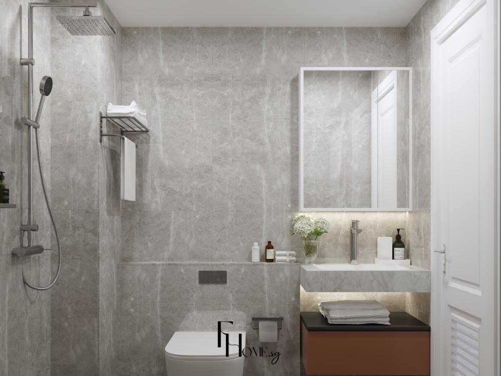 Phòng tắm nhà phố 4x14m thiết kế hiện đại, có gương lớn và hệ thống thông gió giúp giữ không gian luôn khô thoáng, sạch sẽ