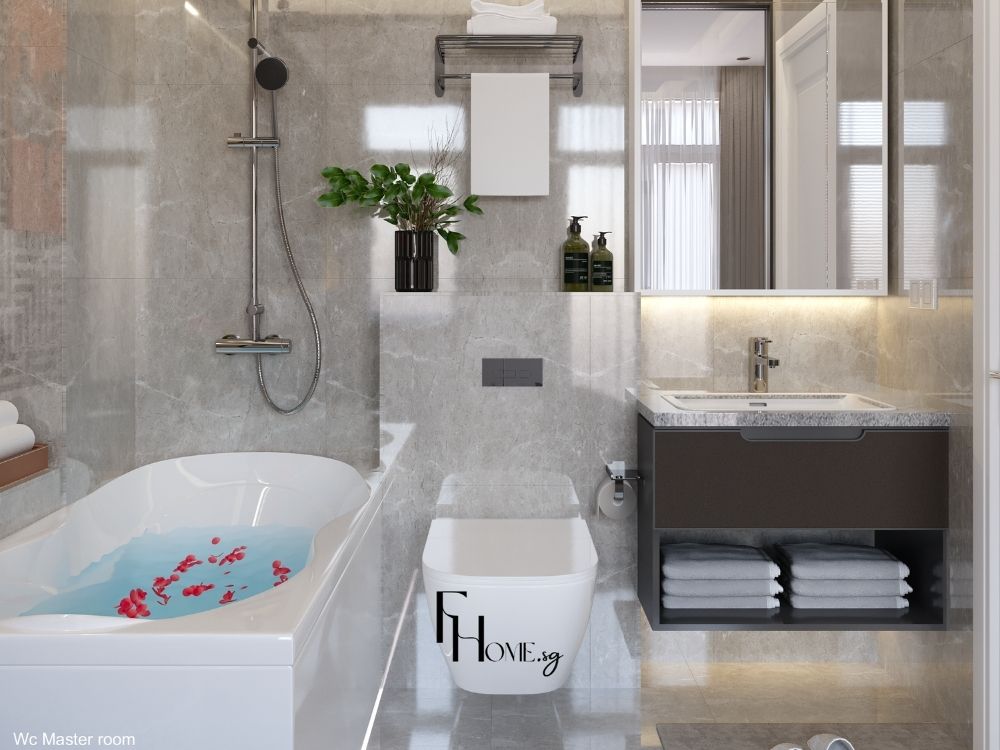 Phòng tắm nhà phố 66m² thiết kế thư giãn với khu sen tắm đứng kết hợp bồn ngâm