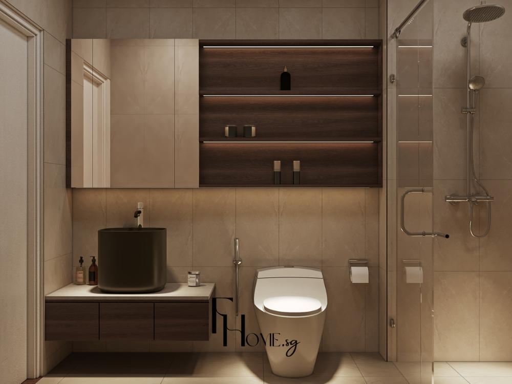 Phòng tắm phong cách Nhật Bản thứ hai sử dụng vật liệu gạch men trung tính, bề mặt phẳng mịn và chi tiết gỗ chống ẩm