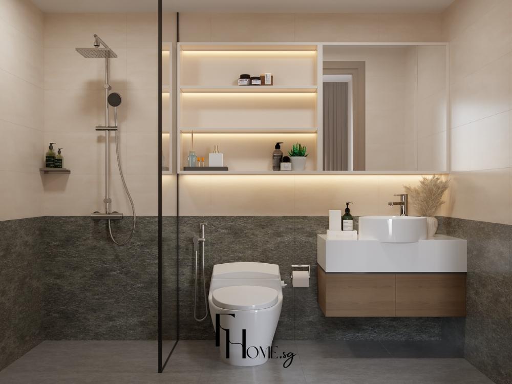 Phòng tắm phong cách Nhật Bản với vật liệu gỗ tự nhiên và đá sáng màu, thiết kế tối giản và sạch sẽ mang lại cảm giác thư giãn như spa tại gia