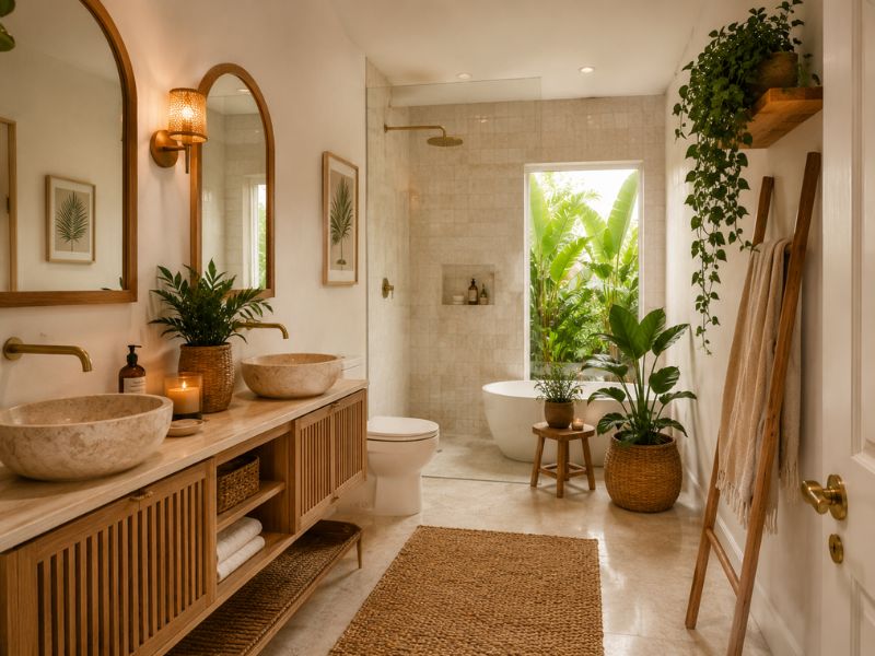 Phòng tắm phong cách Tropical Boho với lavabo đôi, tủ gỗ nan, bồn tắm trắng, cây xanh và khăn treo thang gỗ