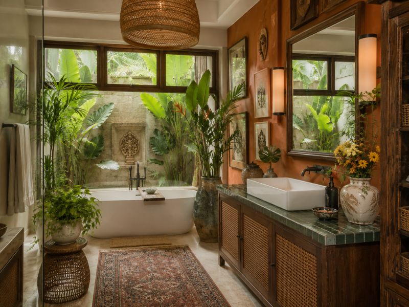 Phòng tắm phong cách Tropical Maximalist với tường cam đất, tủ gỗ, mặt lavabo xanh, cây nhiệt đới và nhiều vật dụng trang trí