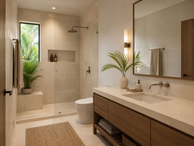 Phòng tắm phong cách Tropical Modern với tủ gỗ, mặt lavabo sáng màu, vách kính và cây xanh nhỏ