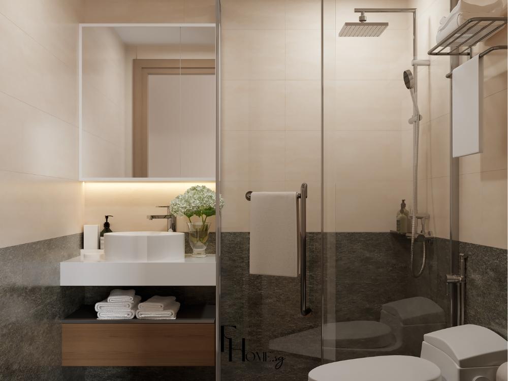 Phòng tắm phong cách Tropical với gạch ốp tông be, lavabo đá tự nhiên và cây dương xỉ trong chậu