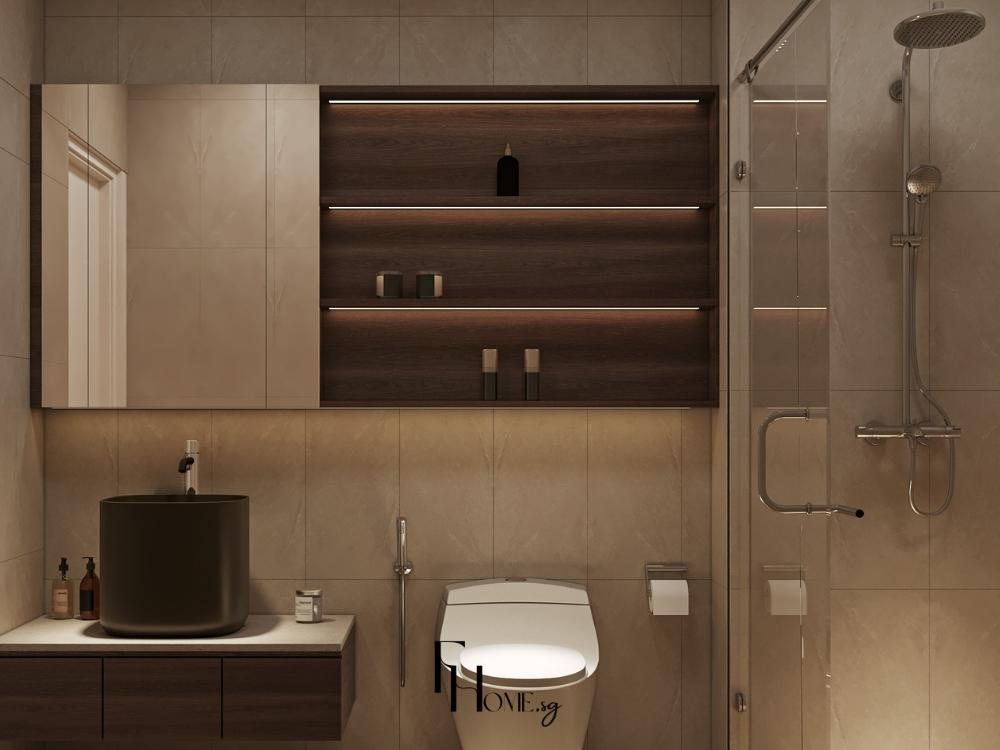 Phòng tắm phong cách Tropical với gạch tông be kết hợp đèn led vàng