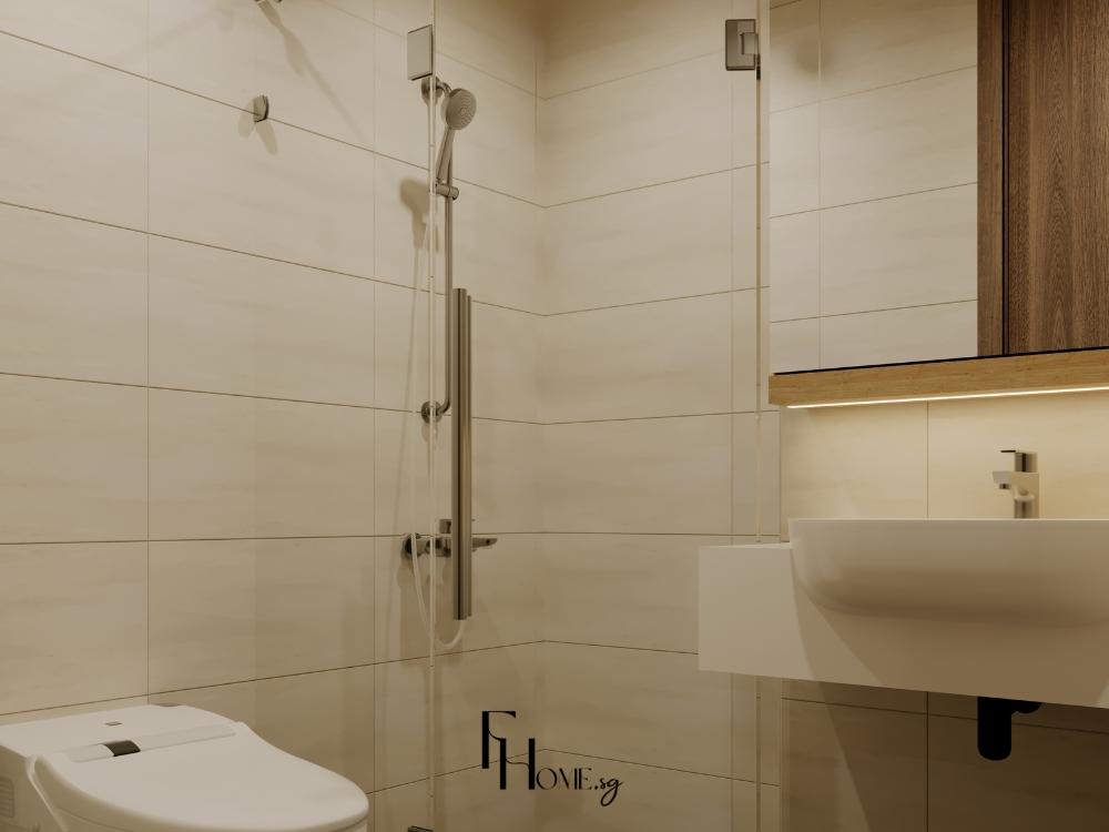 Phòng tắm phong cách Tropical với gạch tông be, lavabo đá tự nhiên