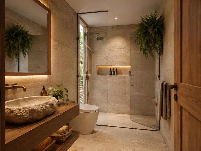 Phòng tắm phong cách Tropical với lavabo đá, kệ gỗ, buồng tắm kính và cây treo xanh