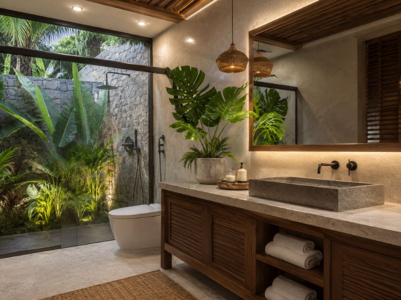 Phòng tắm phong cách Tropical với lavabo đá, tủ gỗ, vách kính lớn và cây lá nhiệt đới