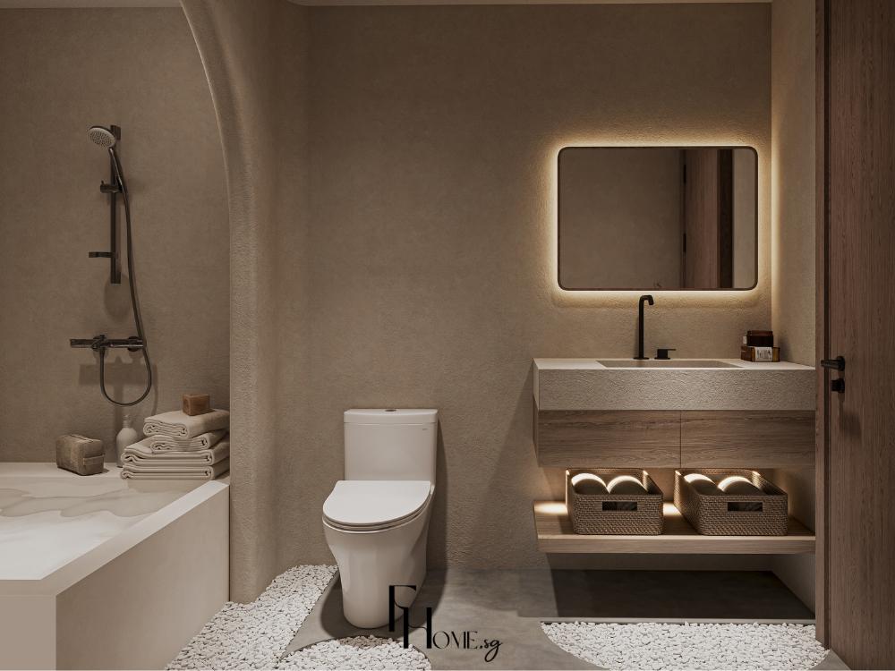 Phòng tắm phong cách Wabi Sabi với đá tự nhiên, gạch nung không tráng men, bồn tắm đơn giản