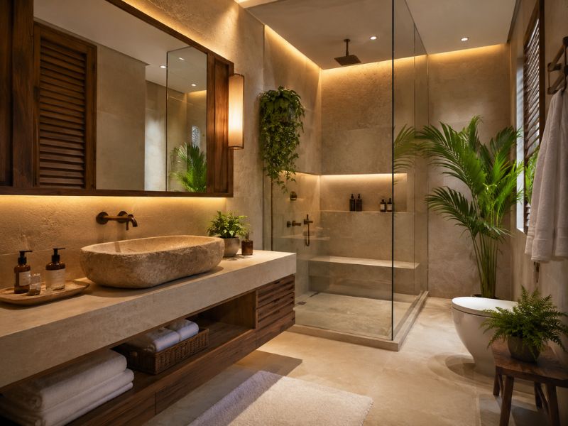 Phòng tắm phong cách thiết kế nội thất Tropical với tủ gỗ, gạch xanh nhạt, kệ mở và cửa sổ nhìn ra mảng xanh