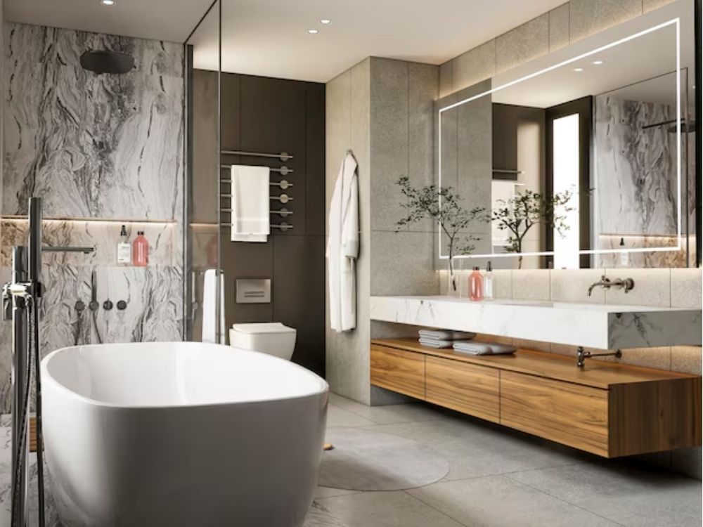 Phòng tắm spa tại gia nhà phố 40m² với bồn sục tắm, vòi sen đa chức năng