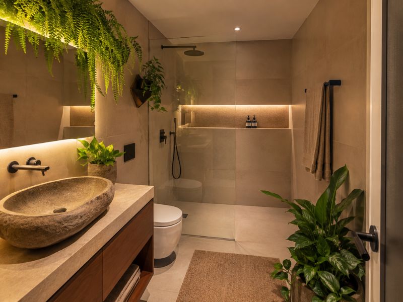 Phòng tắm thiết kế nội thất phong cách Tropical với lavabo đá tự nhiên, ánh sáng hắt, cây treo và buồng tắm kính