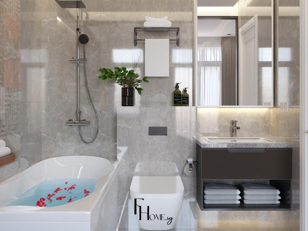 Phòng tắm tối giản với bê tông, kính và gam màu nhẹ – một không gian tinh khiết, gọn gàng