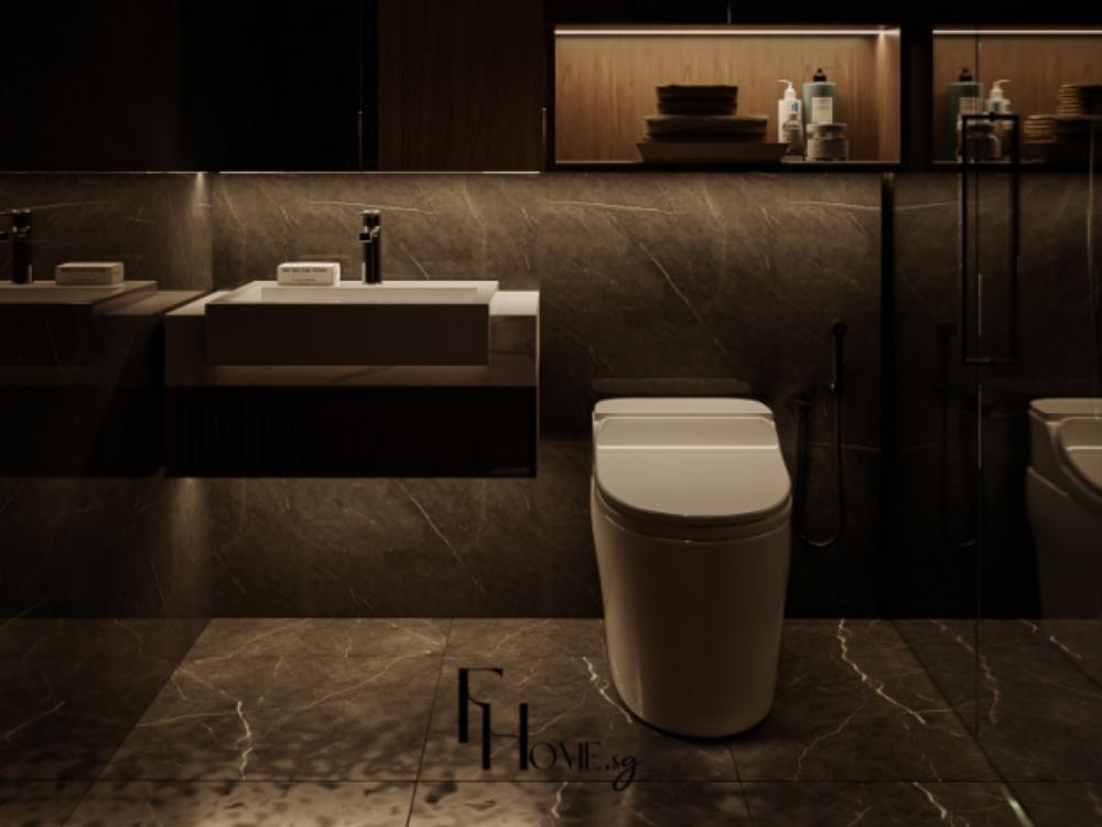 Phòng tắm tối giản với vòi sen, lavabo hiện đại và gạch chống trơn trượt