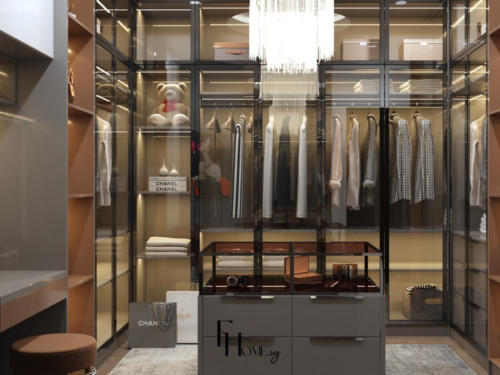 Phòng thay đồ phong cách Hiện đại với hệ tủ âm tường màu trắng và đèn hắt trần tinh tế