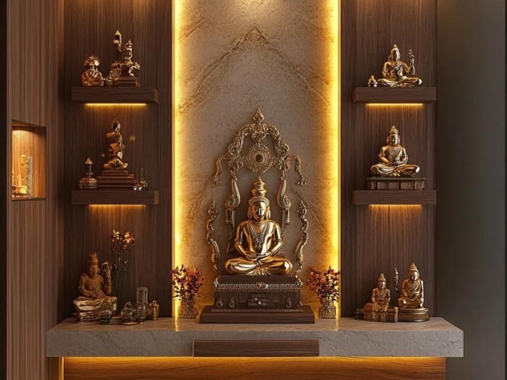 Phòng Thờ nhà phố 3 tầng kết hợp nội thất gỗ gam trầm ấm, bố trí đối xứng và tập trung vào bàn thờ chính