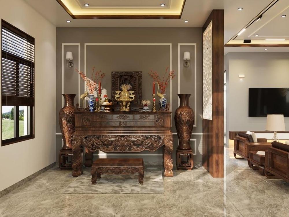 Phòng thờ nhà phố 4 tầng, bố trí cạnh cửa sổ có rèm che, bàn thờ gỗ sồi