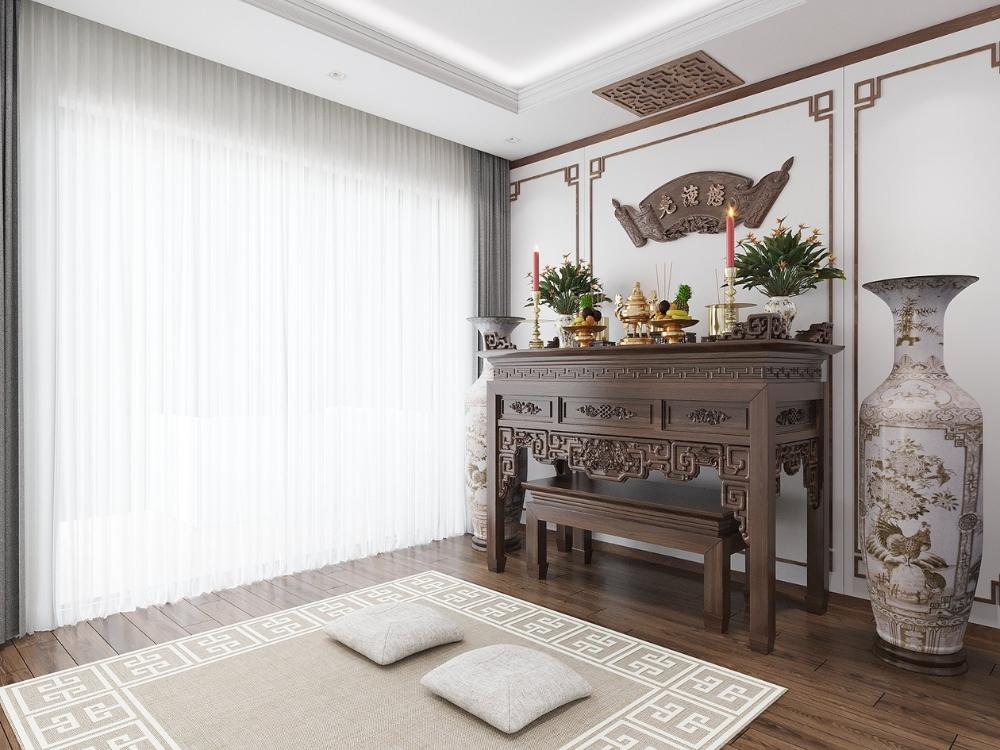 Phòng thờ nhà phố 90m² với bố cục gọn gàng, kết hợp ánh sáng dịu nhẹ, mang đến không gian yên bình