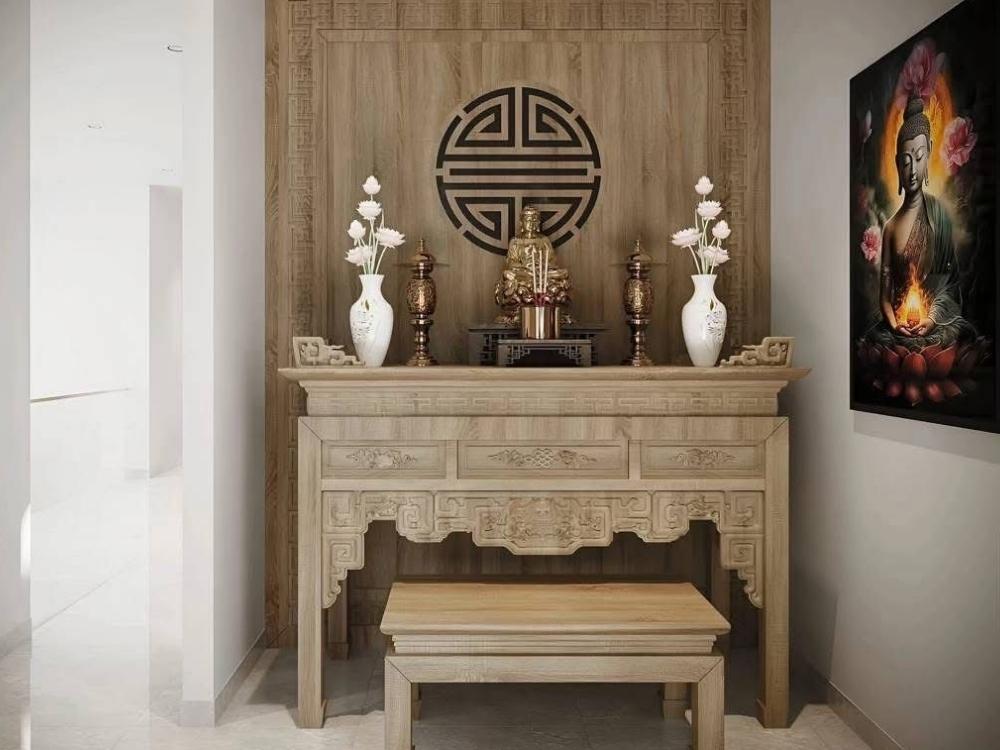 Phòng thờ nhà phố, bàn thờ gỗ chạm khắc tinh tế, nền gỗ sáng, đèn treo ánh vàng