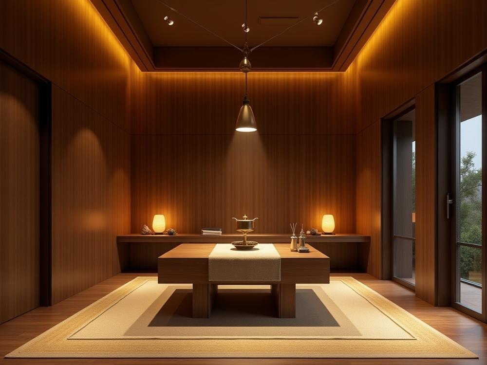 Phòng thờ nhà phố được bố trí ở vị trí hợp lý, với bàn thờ trang trọng, chiếu sáng vàng ấm và tường màu trầm