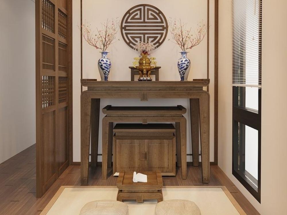 Phòng thờ với Ánh sáng tự nhiên kết hợp với ánh sáng vàng ấm từ đèn trang trí