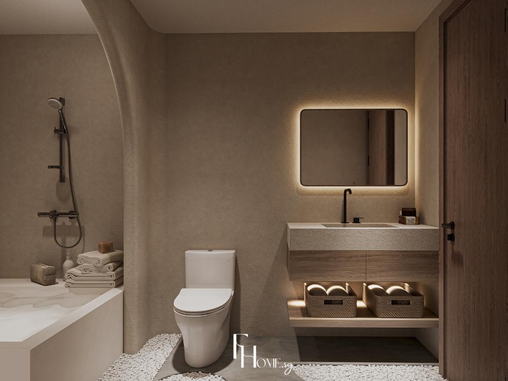 Phòng vệ sinh thiết kế với gương kết hợp đèn led ánh vàng