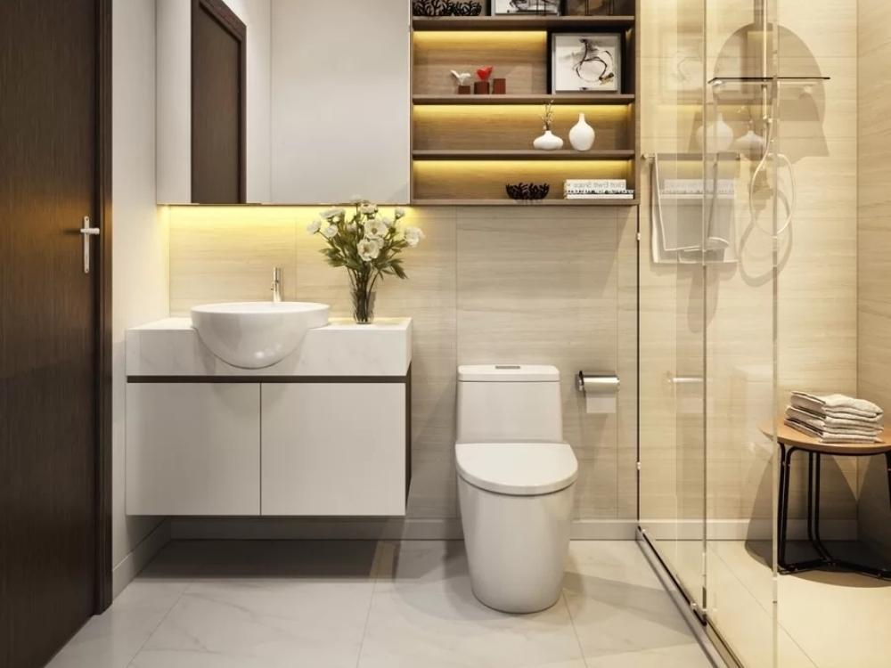 Phòng vệ sinh chung cư 45m2 thiết kế tối ưu với bồn cầu treo tường, lavabo nhỏ gọn và tủ âm tường