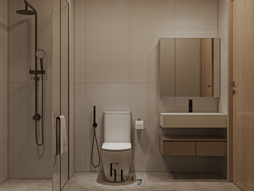 Phòng vệ sinh chung cư 80m2 với màu sắc nhẹ nhàng, bồn cầu treo tường và gương LED sáng